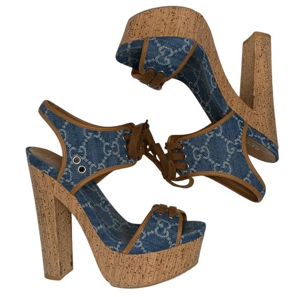 Gucci Double GG Logo Canvas Platform Sandal EU 38 US 8 Blue Slingback High Heel - Picture 6 of 11